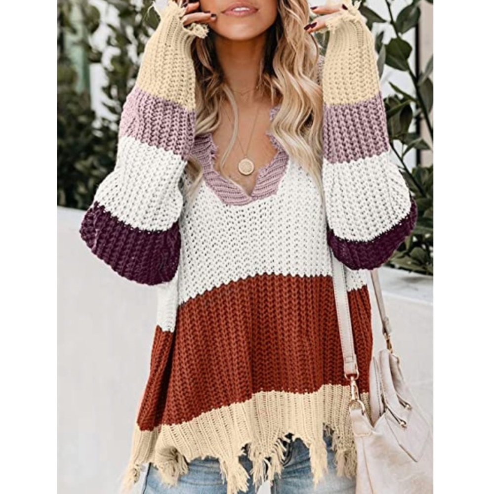 Boho Vintage Frayed Hem Off-Shoulder Sweater